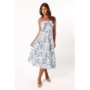 KLD Toile de Jouy Strapless Midi Dress Womens Blue White Large